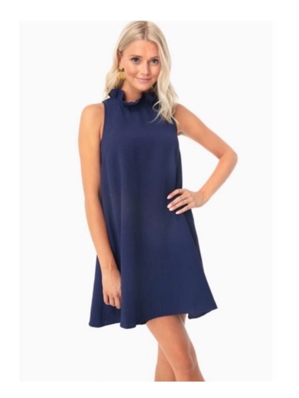 Tuckernuck Do+Be Navy Ruffle-Neck Tie-Back Sleeveless Tent Dress